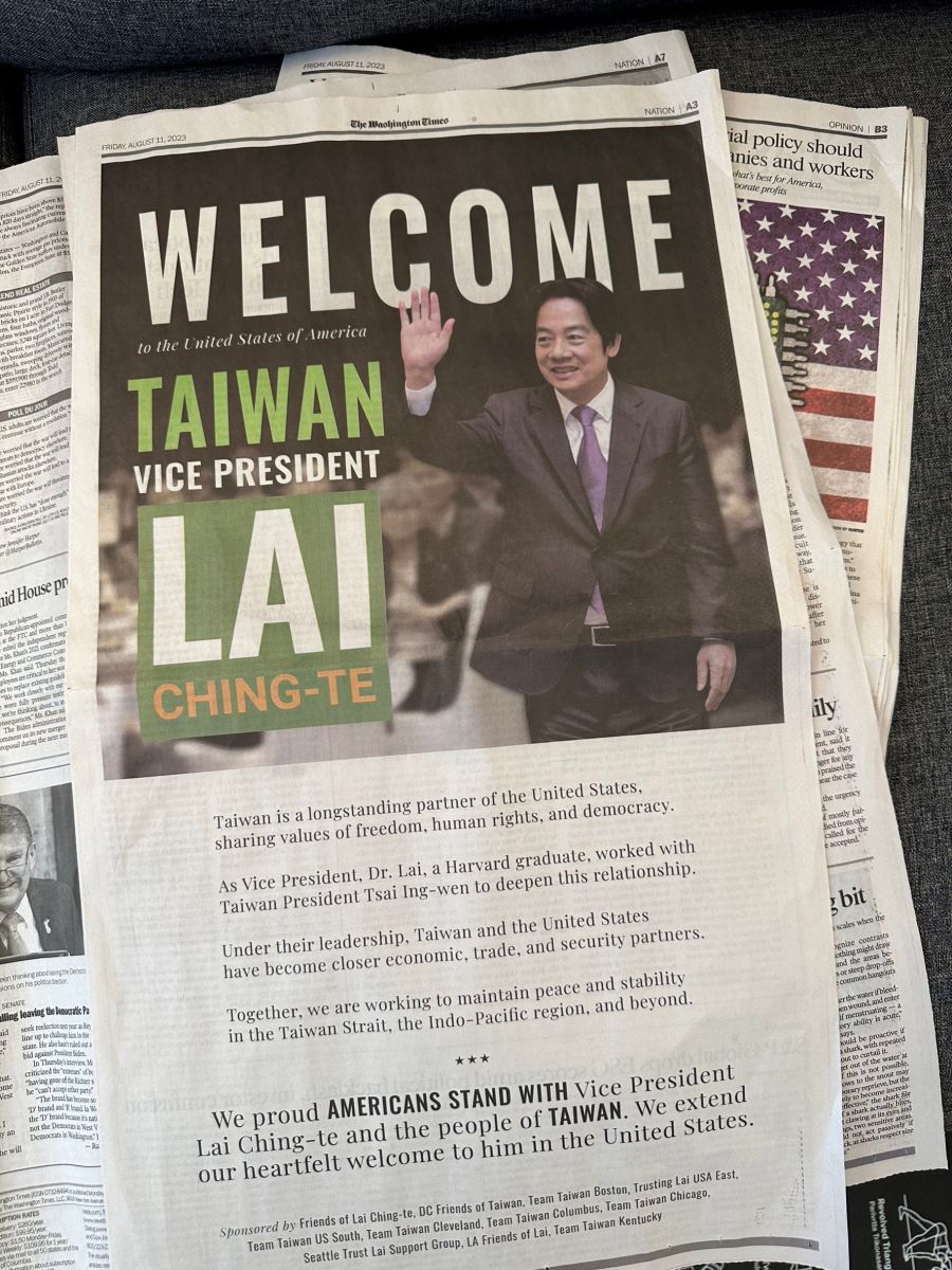 全美台僑日前也在《華盛頓時報》刊登全頁廣告，歡迎賴清德過境美國。讀者提供