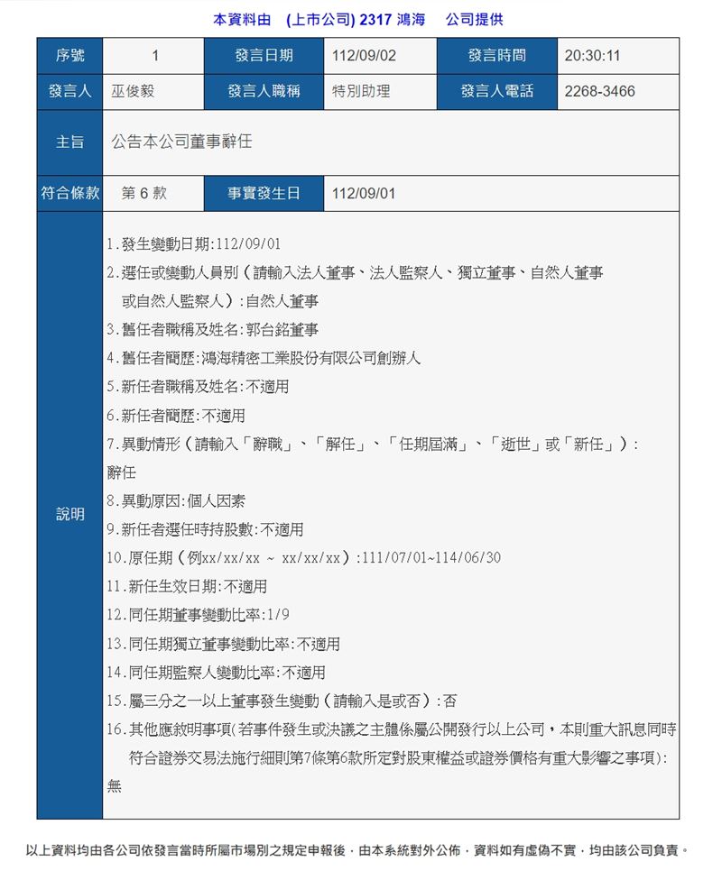 郭台銘辭任鴻海董事,集團發布重訊。翻攝公開資訊觀測站