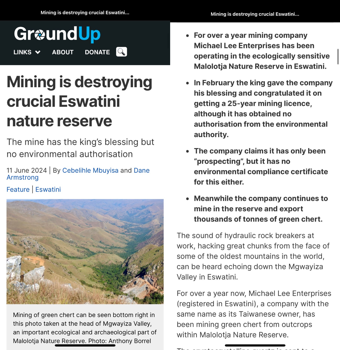南非媒體《Groundup》踢爆,李雲偉的公司今年2月底探勘權到期後仍持續挖礦,將滿載綠燧石的卡車送至鄰國莫三比克,從首都馬普多出港送至中國。翻攝畫面