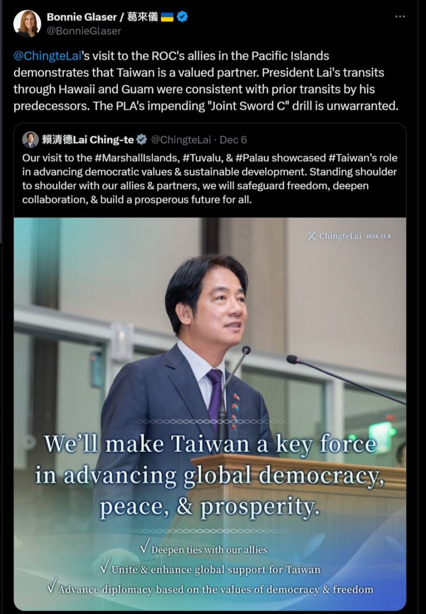 葛來儀在社群X平台也引述賴清德的發文,極力肯定此行出訪突顯台灣是重要的夥伴,中國想藉此發動「聯合利劍C」軍事演習毫無正當性。翻攝X平台