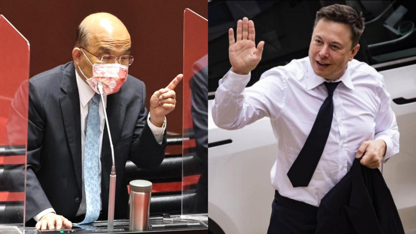行政院長蘇貞昌立法院備詢，指馬斯克不了解台灣。左林啟弘攝、右翻攝馬斯克推特