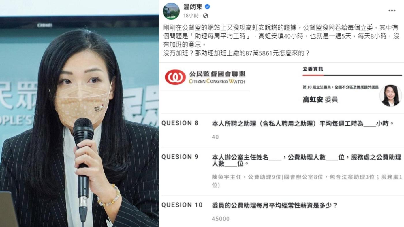公督盟網站顯示，高虹安在問卷中填寫助理工時40小時，沒有加班問題。翻攝自溫朗東、高虹安臉書