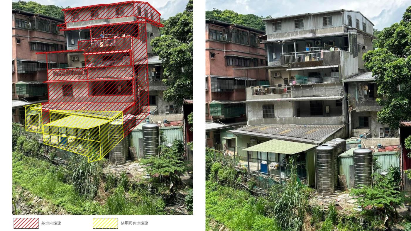 民進黨新北市議員張錦豪表示，黃國昌住宅（右）也是老丙建，不僅蓋到滿出來，還侵占國有地面積超過79平方公尺（左），是「超級危建」，翻攝張錦豪臉書