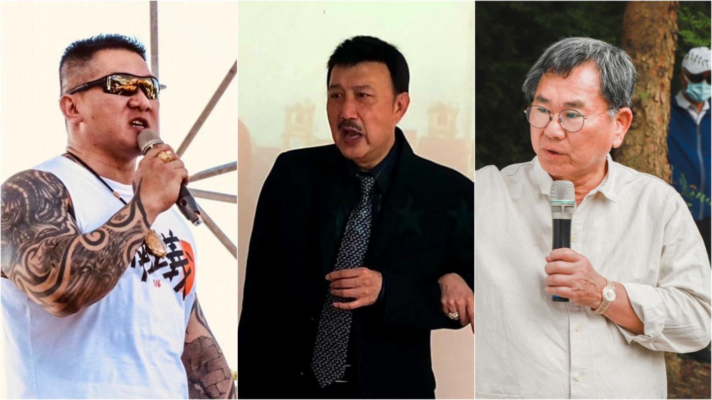 館長陳之漢（左）昨晚開直播時怒批民進黨立委余天（中）與陳明文（右）與槍擊案主謀寶和會有關。翻攝三人臉書