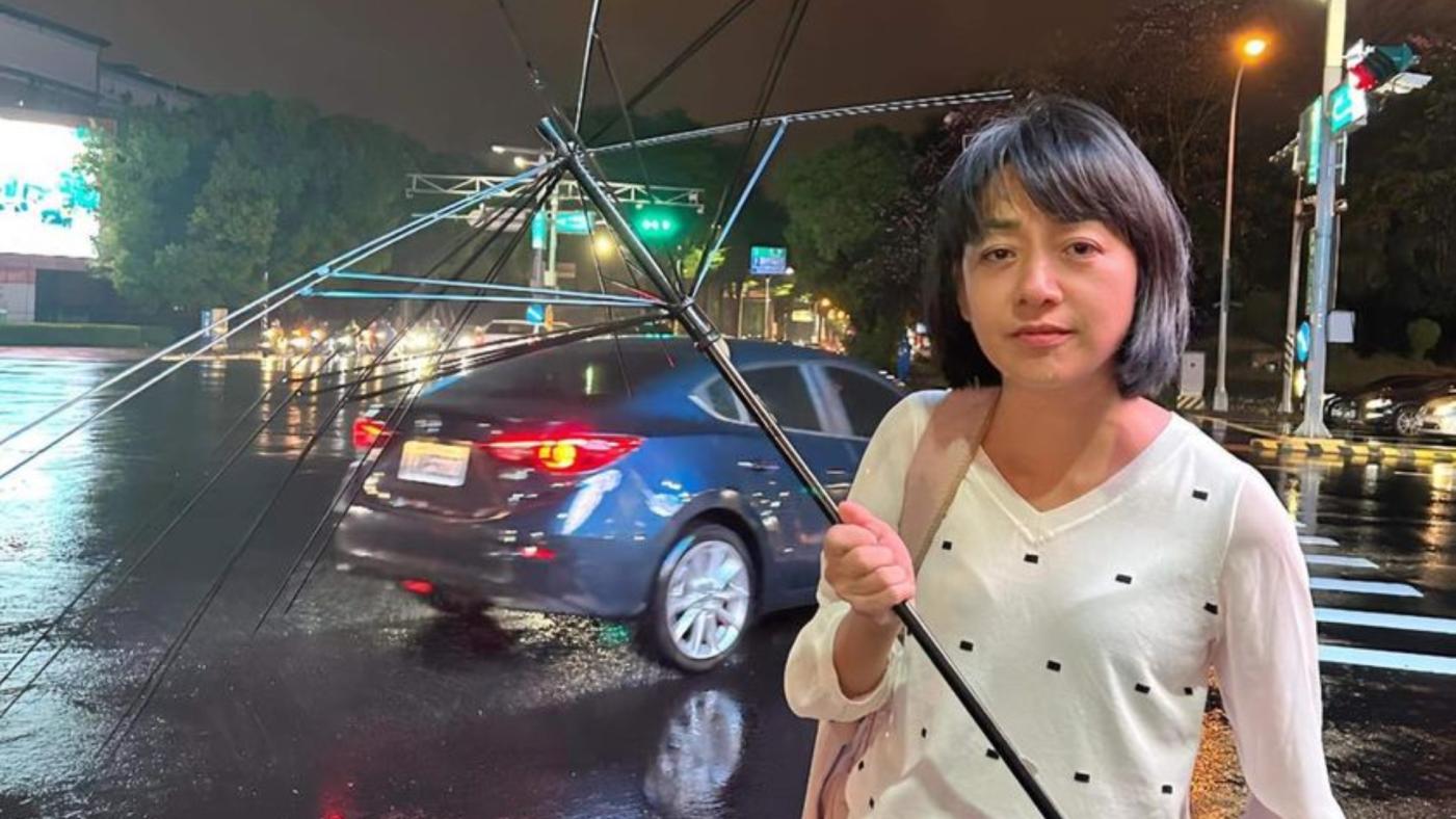 王婉諭的傘被吹到只剩下傘骨。翻攝王婉論臉書