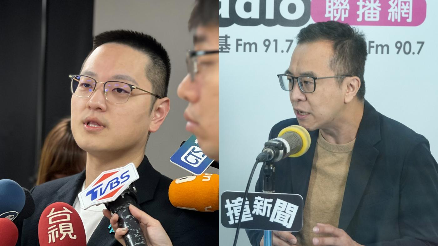 國民黨總統參選人侯友宜競選辦公室發言人黃子哲(右)在專訪中拋出可以民調、民主初選並行，柯文哲競辦發言人戴于文(左)回應這不是簡單的數學問題。《POP撞新聞》、台灣民眾黨提供