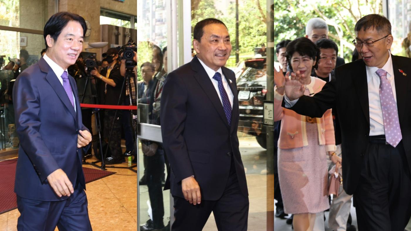 左起總統候選人賴清德、國民黨侯友宜，民眾黨柯文哲與妻子陳珮琪30日出席辯論會。林啟弘攝