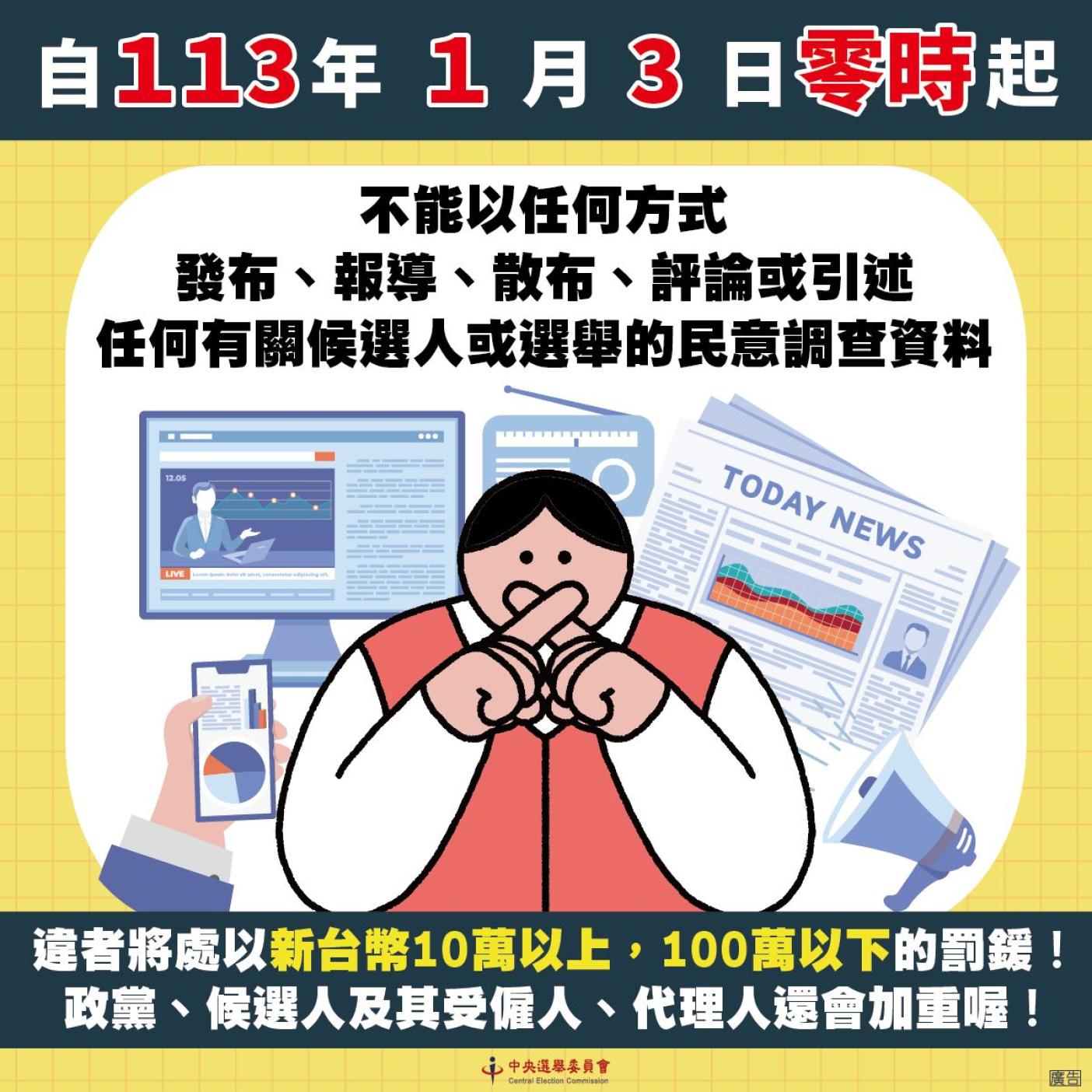 中選會提醒，3日零時起不得公布或敟布民調。翻攝中選會臉書
