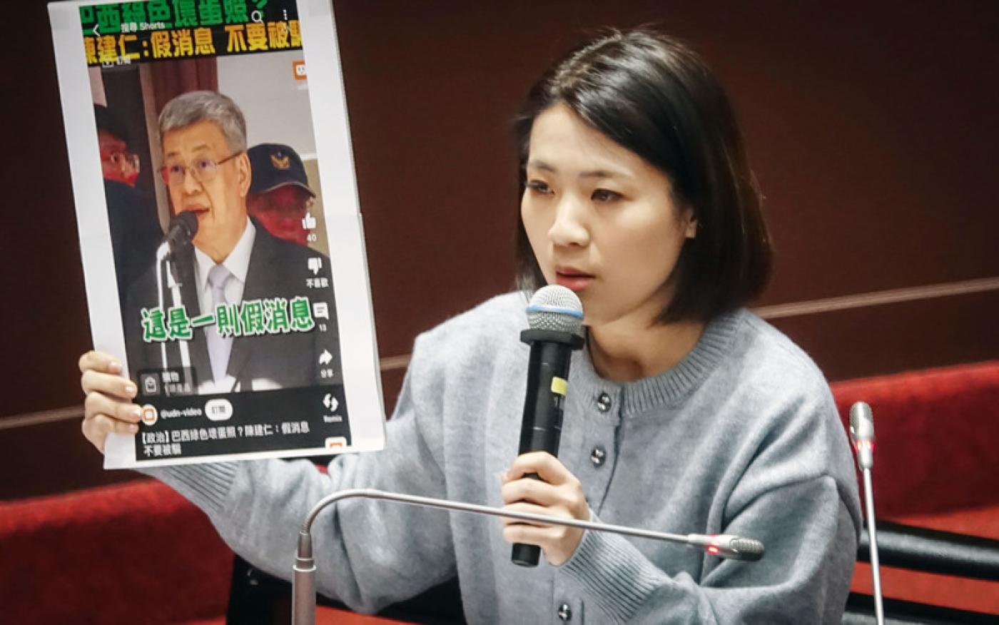 陳建仁赴立院食安報告，徐巧芯持資料手板進行質詢。中央社
