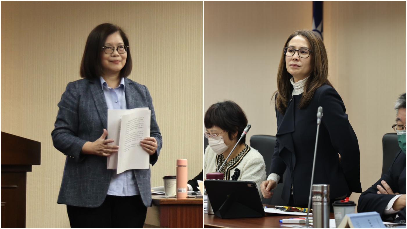 高金素梅（右）與管碧玲（左）今在內委會開會前，先為簡訊事件針鋒相對。林啟弘攝