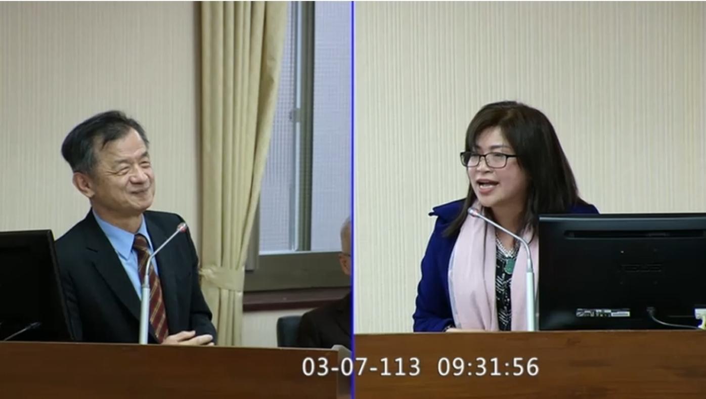 麥玉珍質詢喊「你們比較親中」，讓邱太三忍不住大笑。翻攝自國會頻道