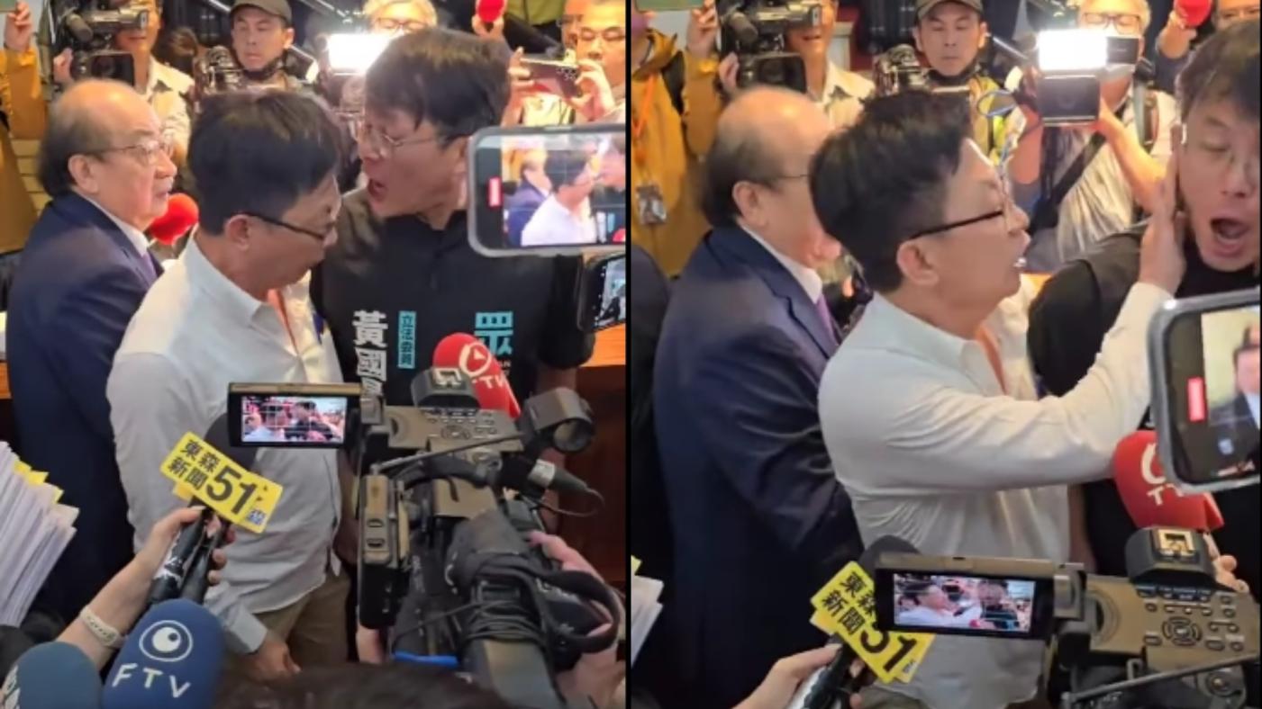 黃國昌數度怒吼一旁的民進黨團總召柯建銘（左圖），郭國文擋在兩人中間，不滿把黃國昌的臉推向另一邊（右圖）。翻攝黃國昌臉書
