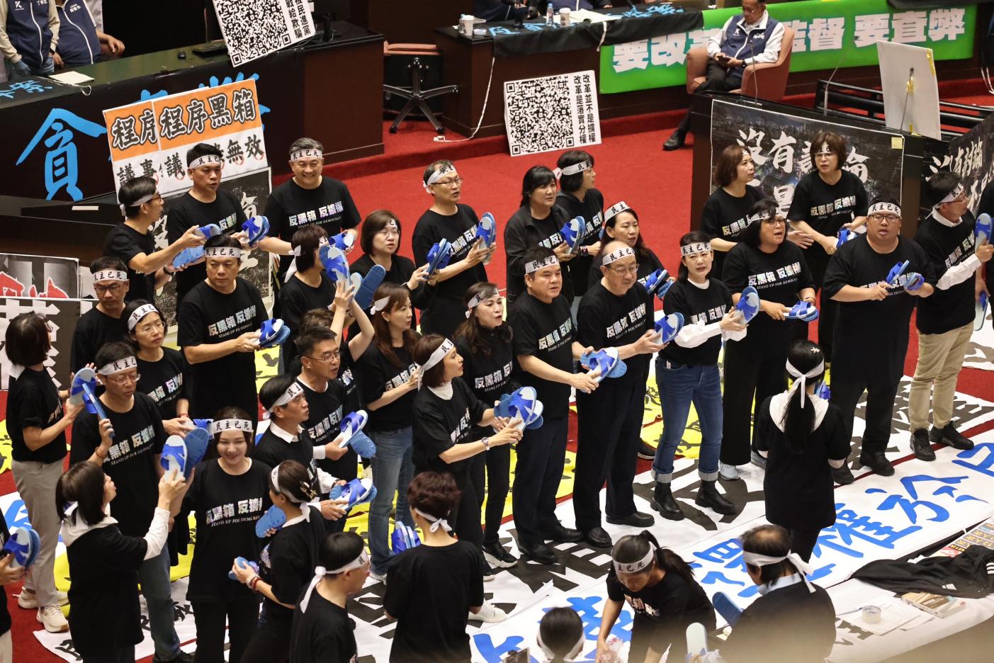 民進黨立委拿藍白拖諷刺藍白兩黨。林啟弘攝