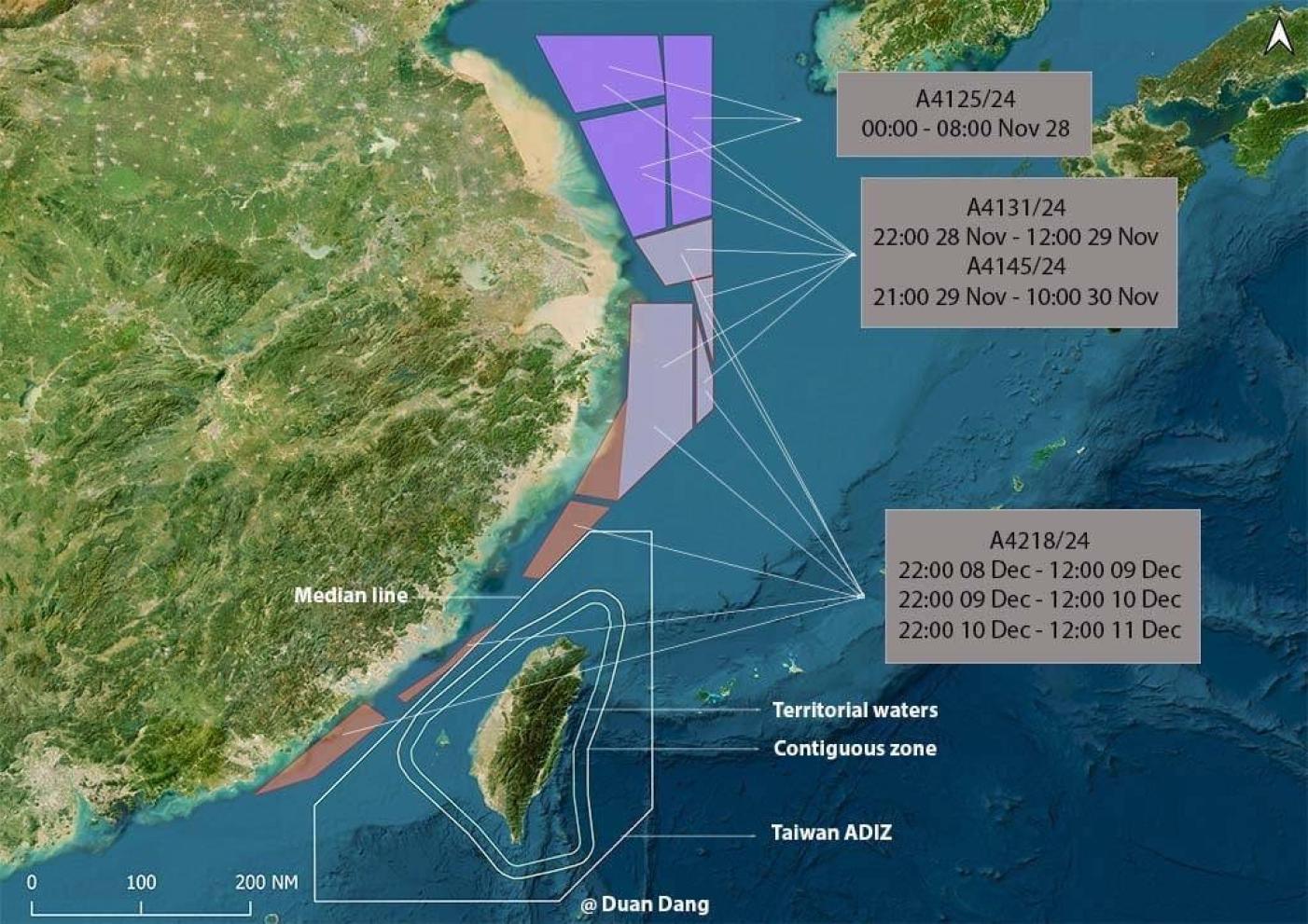 中國9至11日劃設7個空域保留區位置圖。翻攝畫面
