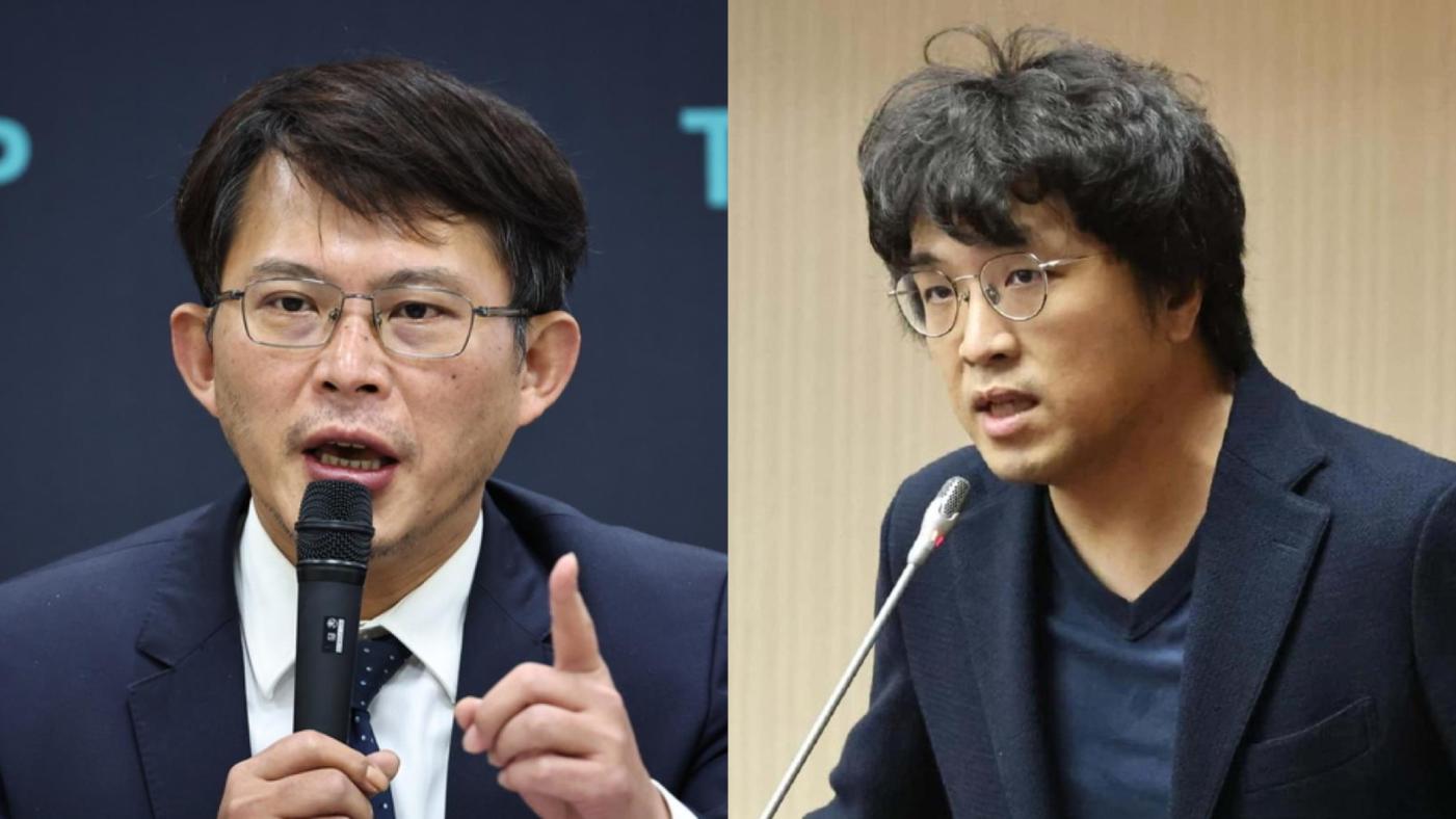 民眾黨立委黃國昌（左）４日批民進黨沒證據亂抺紅在野人士，民進黨立委沈伯洋（右）狂舉例打臉。資料照片／林啟弘攝