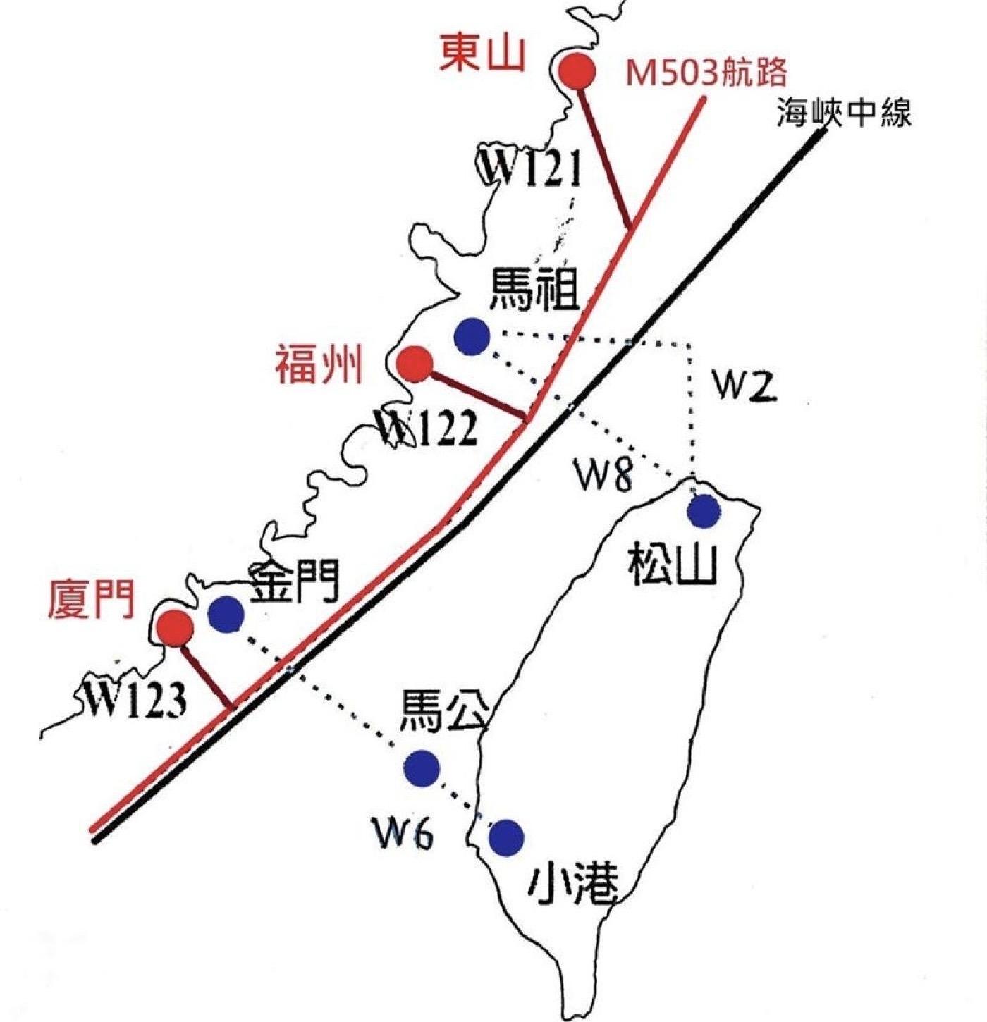 中共加大對台突襲的壓力，啟用靠近台灣北部空域的民航路線。交通部提供