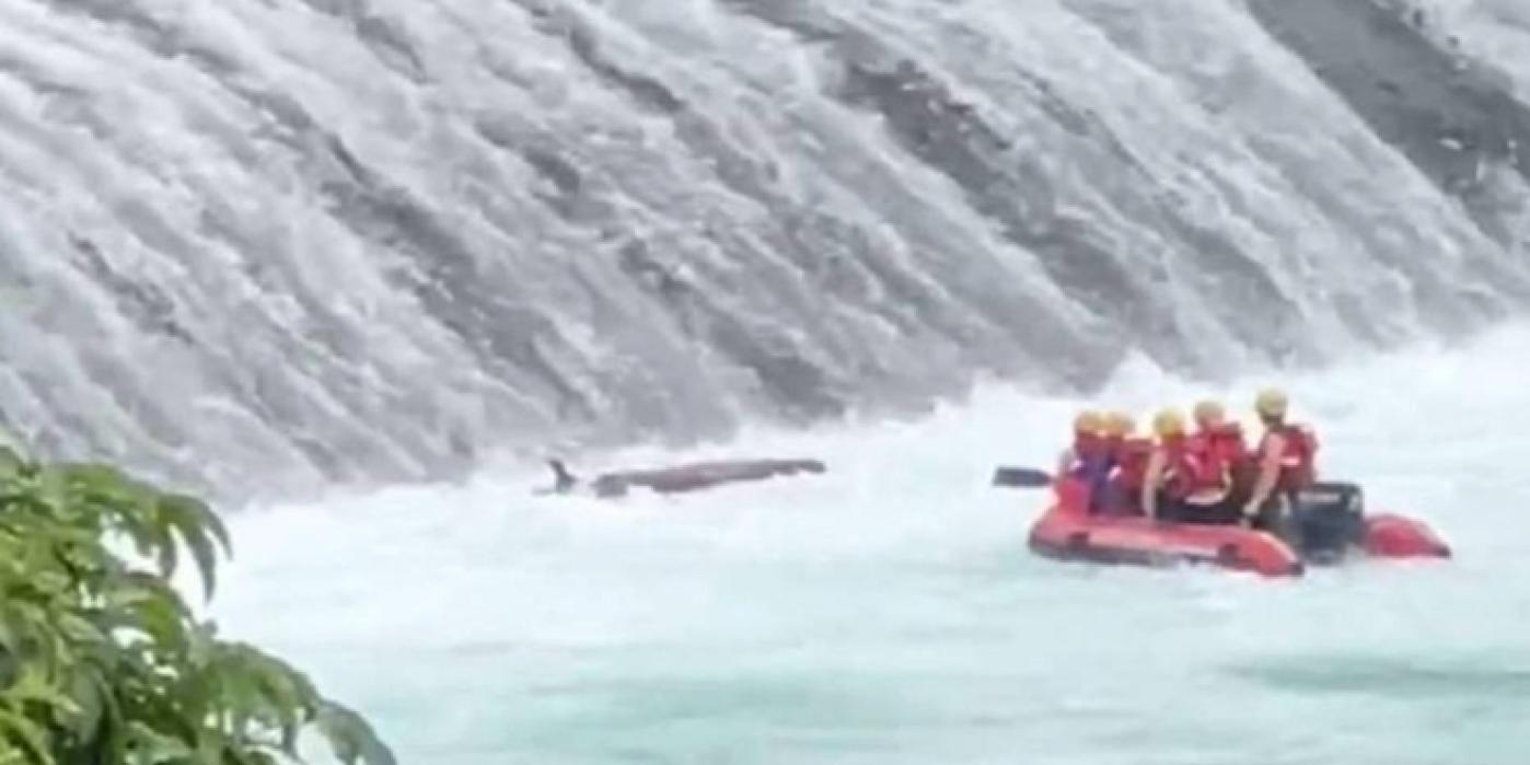 失蹤陳男的槳板就在瀑布下，消防人員冒險靠近，隨後就傳出憾事。翻攝網路